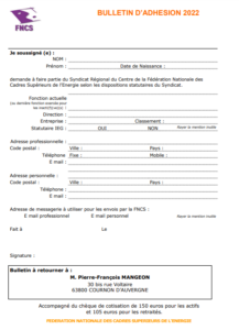 Bulletin d'adhésion 2022 - Région Centre